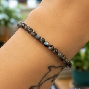 May include: A beaded bracelet featuring dark gray and blue-gray round beads. The bracelet is worn on an arm with a dolphin tattoo. The background is blurred, with green plants visible.