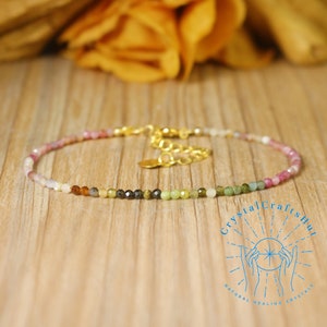 Tourmaline Tiny Stone Bracelet Rainbow Gemstone Minimalist Bracelet 2MM Bead Delicate Skinny Bracelet Adjustable Yoga Crystal Bracelet Gift
