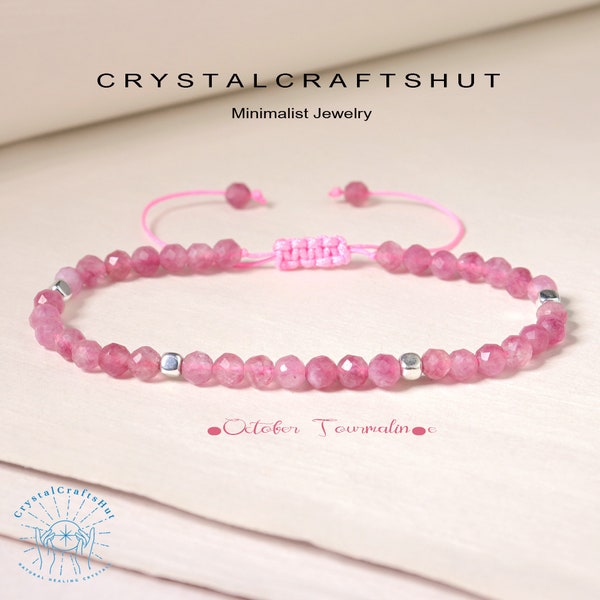 Bracelet en tourmaline rose, perles de pierres précieuses, bracelet minimaliste, 4 mm, bracelet de petites perles, réglable, triple protection, cristal, bracelet délicat, cadeau