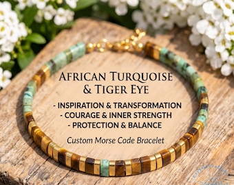 Dainty Morse Code Gemstone Bracelet, Custom Secret Message Jewelry, Natural African Turquoise & Tiger Eye, Meaningful Gift