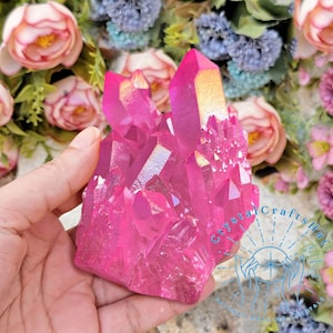 Raw Pink Aura Quartz Cluster Aura Titanium Crystal Cluster Rainbow Pink Crystal Cluster Geode Rough Stone Crystal Home Decor +Gift Pouch