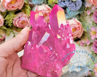 Raw Pink Aura Quartz Cluster Aura Titanium Crystal Cluster Rainbow Pink Crystal Cluster Reiki Rough Stone Crystal Home Decor +Gift Pouch