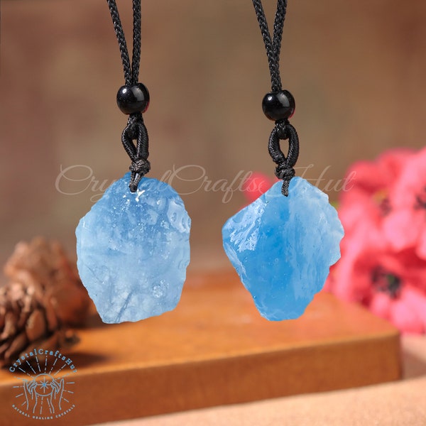 Raw Aquamarine Pendant Necklace Adjustable Blue Stone Necklaces Healing Crystal Gemstone Jewelry Unique Christmas Gift for Wife Mom Brother