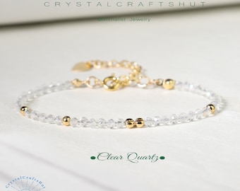 Clear Quartz Minimalist Bracelet 2MM Tiny Rock Crystal Bead Delicate Bracelet Gemstone Skinny Bracelet Yoga White Crystal Dainty Bracelet