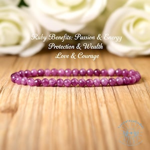 Ruby Bracelet, Dainty July Birthstone Jewelry, 4mm Purple Beaded Stacking Stretch Bracelet, Crystal Energy Gift for Her, Mom