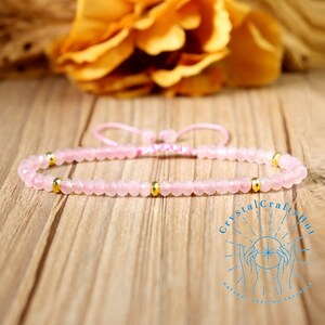 Natural Rose Quartz Stone Bracelet - 3MM Bead Delicate Bracelet Adjustable - Gemstone Bead Minimalist Bracelet -  Yoga Crystal Bracelet Gift