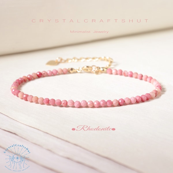 Rhodonite Delicate Beads Bracelet Pink Gemstone Skinny Minimalist Bracelet 2MM Tiny Bead Stone Bracelet Yoga Crystal Dainty Bracelet Gift