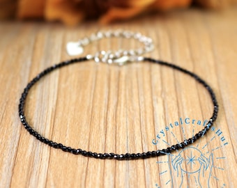 Tourmaline Dainty Anklet, 2mm Faceted Black Tourmaline Beaded Ankle Bracelet, 8.5 " Black Gemstone Foot Bracelet, Adjustable Ankle Jewelry