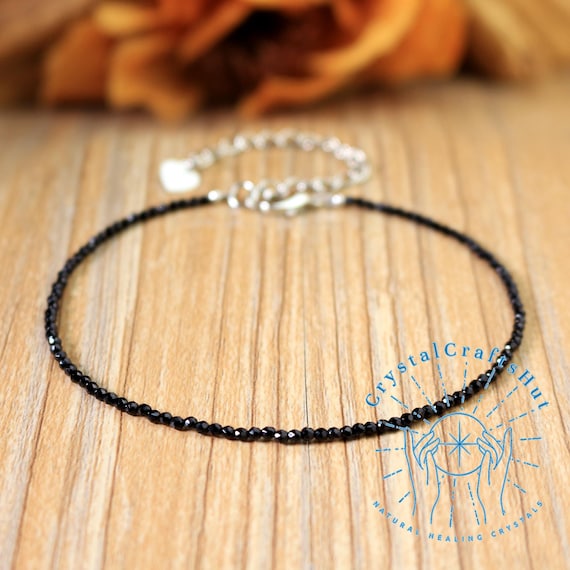 Tourmaline Dainty Anklet, 2mm Faceted Black Tourmaline Beaded Ankle Bracelet, 8.5 " Black Gemstone Foot Bracelet, Adjustable Ankle Jewelry