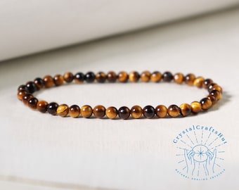 Natural Tiger Eye Bead Stretch Bracelet Tiny Gemstone Bead Minimalist Bracelet 3MM Skinny Bead Delicate Bracelet Yoga Dainty Bracelet Gift