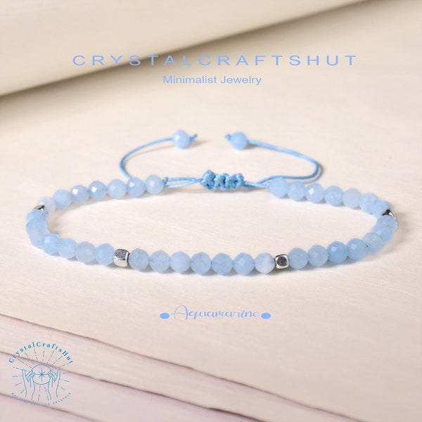 Aquamarine Minimalist Bracelet Delicate Beaded Blue Gemstone Skinny Bracelet 3MM Tiny Bead Stone Anklet Yoga Crystal Dainty Bracelet Gift