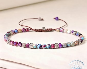 Galaxy Sea Jasper Bracelet | Celestial Blue Purple Minimalist Jewelry | Dainty 3mm Beaded Bracelet | Sea Sediment Jasper Stone Gift for Her