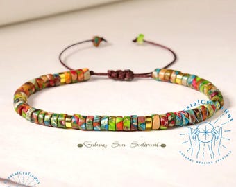 Imperial Jasper Bracelet 4mm Rainbow Gemstone Tube Beaded Bracelet Jasper Birthstone Dainty Bracelet for Mom Sister Wife Friends +Gift Pouch