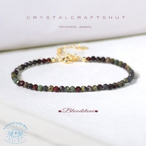 Natural Bloodstone Minimalist Bracelet Delicate Beaded Gemstone Skinny Bracelet 2MM Tiny Bead Stone Bracelet Yoga Bracelet Gift for Friend