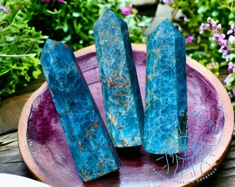Könnte beinhalten: Drei blaue Apatit-Kristallspitzen auf einem violetten und braunen Keramikteller. Die Kristalle sind tiefblau mit einem leichten Schimmer und haben eine spitze Spitze. Der Teller hat eine strukturierte Oberfläche und ist mit einem weißen Design verziert.