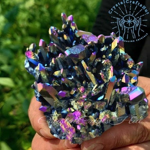Raw Titanium Rainbow Aura Quartz Crystal Cluster Rainbow Crystal Cluster Reiki Rough Stone Point Mineral Specimens Home Decor +Gift Pouch