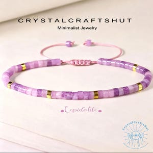 Lepidolite Gemstone Bracelet, Dainty Minimalist Crystal Bracelet, Adjustable Tube Bead Bracelet, Yoga Jewelry, Birthstone Gift for Her