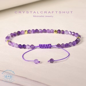 Amethyst Minimalist Bracelet Delicate Beaded Purple Gemstone Skinny Bracelet 3MM Tiny Bead Stone Bracelet Yoga Crystal Dainty Bracelet Gift image 2