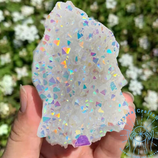 Natural Angel Aura Cluster Aura Quartz Rainbow Cluster Aura Quartz Mineral Cluster Healing Crystal Mineral Specimen Home Decor +Gift Pouch