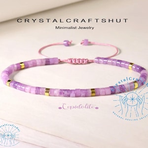 Lepidolite Stone Bracelet Purple Gemstone Tube Minimalist Bracelet 4mm Lepidolite Bead Bracelet Adjustable Yoga Crystal Dainty Bracelet Gift