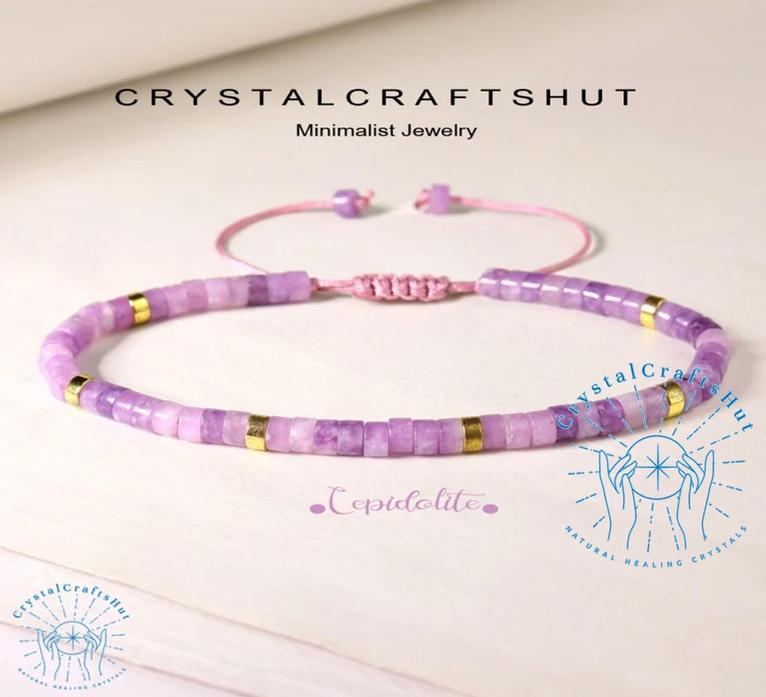 Pulseira de pedra de lepidolita Tubo de pedra preciosa roxa Pulseira minimalista Pulseira de contas de lepidolita de 4 mm Pulseira de cristal de ioga ajustável Pulseira delicada para presente