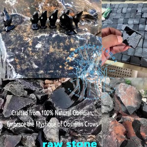 May include: A collection of black obsidian stone products. The image includes carved crow figurines, raw obsidian stones, and a hand holding a polished obsidian tile. The text reads "Crafted from 100% Natural Obsidian: Embrace the Mystique of Obsidian Crows."