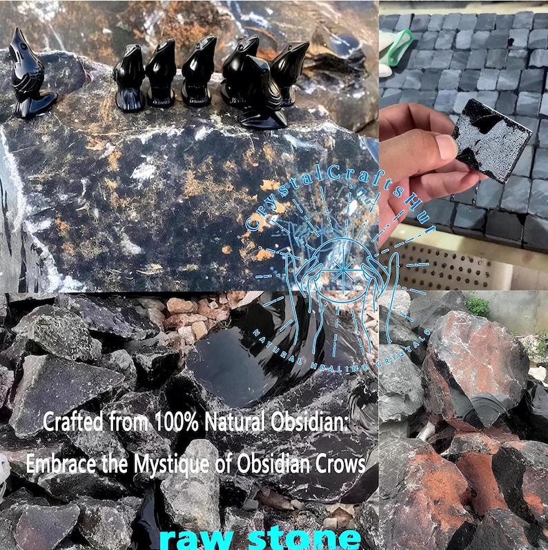 May include: A collection of black obsidian stone products. The image includes carved crow figurines, raw obsidian stones, and a hand holding a polished obsidian tile. The text reads "Crafted from 100% Natural Obsidian: Embrace the Mystique of Obsidian Crows."