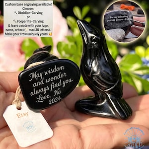 Natural Obsidian Crow Figurine Hand Carved Miniature Stone Animal Figure Bird Statue Home Decor Pocket Guardian - Custom Engraving Gift