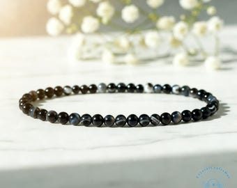 Natural Black Agate Bracelet • 4mm Delicate Beaded • Minimalist Gemstone Jewelry • Triple Protection Yoga Gift for Her