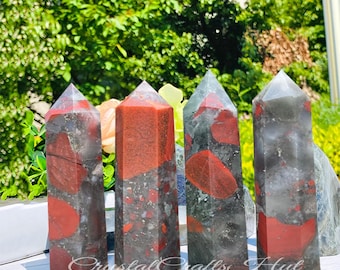 Natural Dragon Bloodstone Stone Point Tower Crystal Obelisk Wand  Dragon Bloodstone Tower Obelisk Car Home Decoration Yoga Crystal Gift