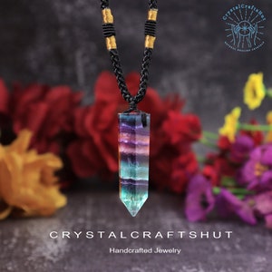 Rainbow Fluorite Crystal Meditation Pendant Necklace, Natural Gemstone Pendant Necklace, Healing Crystals Spiritual Protection Gift