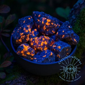 Yooperlite Flame Fire Stone: Natural Glowing Emberlite Gemstones (0.5-1 inch) Gift Pouch Included