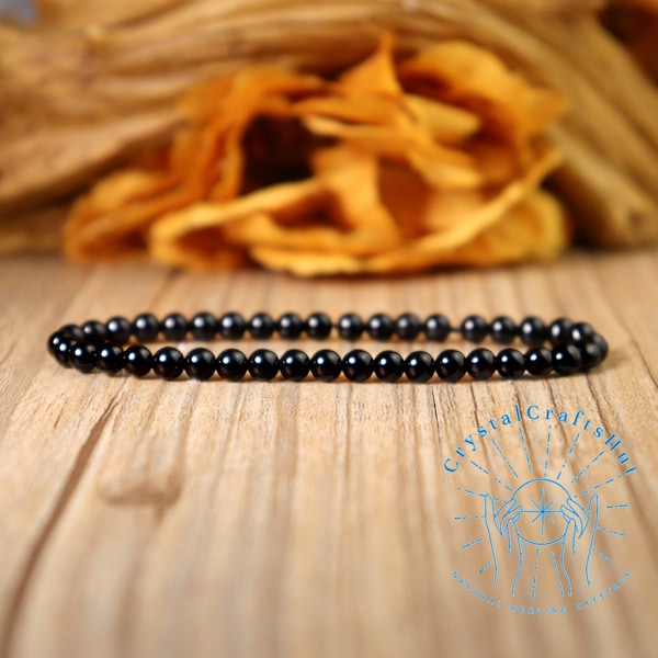 Natural Obsidian Stone Bead Stretch Bracelet 4MM Skinny Bead Delicate Bracelet Tiny Black Gemstone Bead Minimalist Bracelet Gift for Mom FD