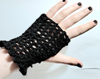 Mesh Fingerless Gloves - Handmade Black Crochet Knitted Acrylic Yarn Gothic Alt Punk Emo Style Arm Warmers Fishnet Fashion Accessories