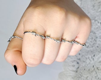 Barbed wire Rings! - Handmade Adjustable 3 Sizes Punk Gothic Grunge Alt Silver Spikes Thorns Stackable Wrapped Wire Rings Accessories
