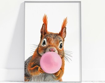PRINTABLE art - Squirrel, Poster, Watercolor art, Ginger, Cute nursery print, Chewing gum fun, Pink balloon, Instant Download, Digital Print