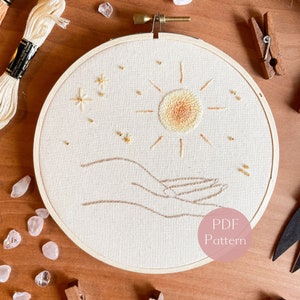 Hand Embroidery Pattern, Hand and Sun Modern Hand Embroidery Design, Digital PDF Embroidery Pattern, Celestial Hand Embroidery Pattern