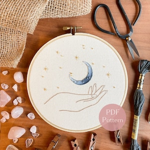 Hand Embroidery Pattern, Celestial Hoop Art, Modern Hand Embroidery Design, Digital PDF Embroidery Pattern, Celestial Hand Embroidery
