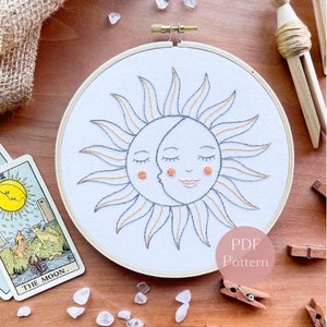 Hand Embroidery Pattern, Moon and Sun Celestial Hand Embroidery Design, Digital PDF Modern Embroidery Pattern, Celestial Hoop Art Design