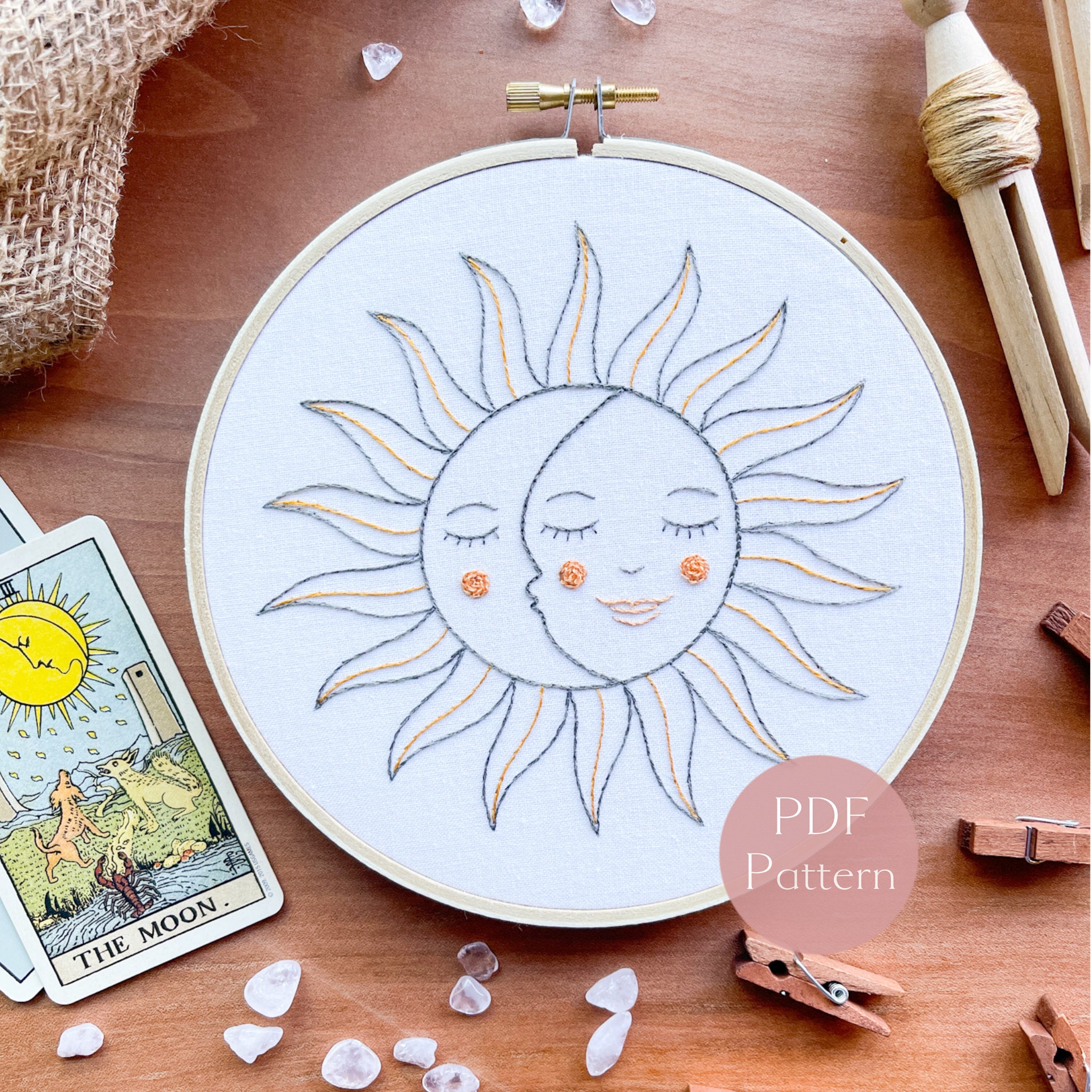 Moon and Sun Hand Embroidery Pattern: Celestial Hoop Art (Digital PDF)