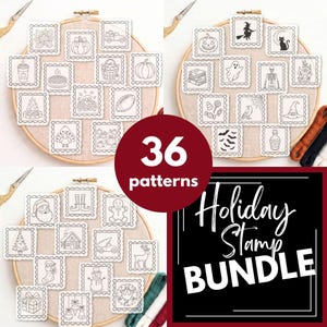 May include: A collection of 36 embroidery patterns arranged on three wooden hoops, featuring stamp-shaped designs for holidays including autumn, Halloween, and Christmas. The black and white line art includes icons like pumpkins, ghosts, and Santa.