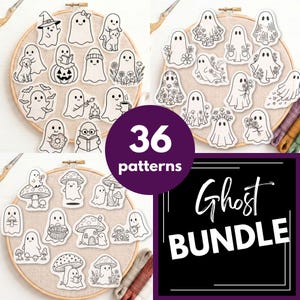 May include: A collection of 36 ghost patterns featuring various line art illustrations of ghosts with flowers, mushrooms, animals, and food items. The set includes multiple embroidery hoop displays and a black graphic with the text 36 patterns Ghost BUNDLE.