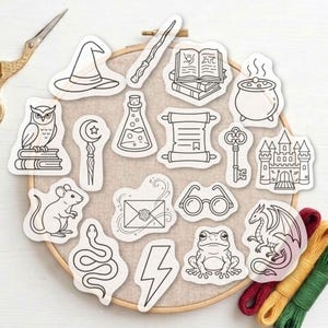 May include: A collection of black and white stickers featuring line art illustrations of a wizard hat, wand, books, cauldron, owl, moon staff, potion bottle, scroll, key, castle, mouse, envelope, glasses, snake, lightning bolt, frog, and dragon.