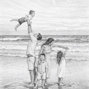 May include: Pencil sketch of a family at the beach. A father holds a young child in the air, while the mother and two other children stand nearby. The family is in the water, with waves in the background.