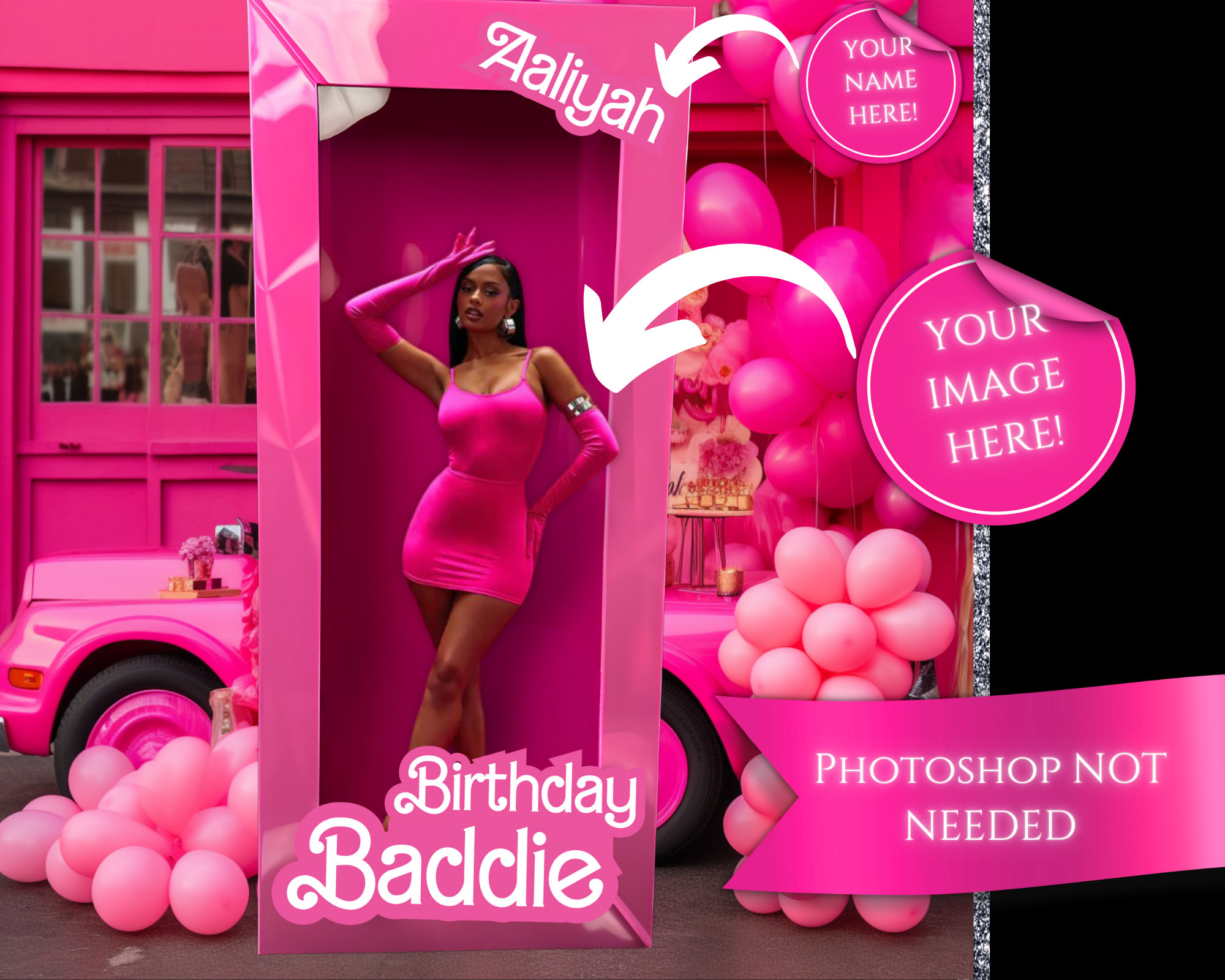 Pink Doll Birthday Photoshoot| Name Editable| Social Media Birthday Photoshoot Image| Doll in a Box Photoshoot| Birthday Doll Car Background