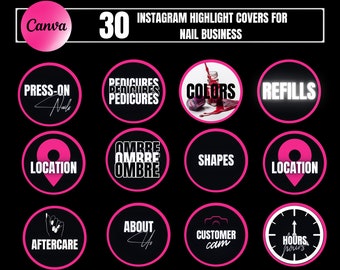 30 Nail Business Instagram Highlight Covers| Hot Pink, Black, and White Professional Story Icons| Nail Tech Highlight Cover| Instagram Nails