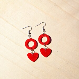 Bright sparkle red heart and circle epoxy resin dangle earrings