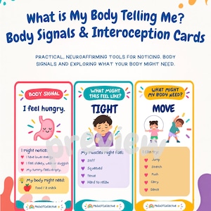 Può includere: Un set di tre carte educative intitolate What is My Body Telling Me? Body Signals & Interoception Cards di PedsOTCollective. Le carte presentano illustrazioni colorate e testo che spiega i segnali del corpo.