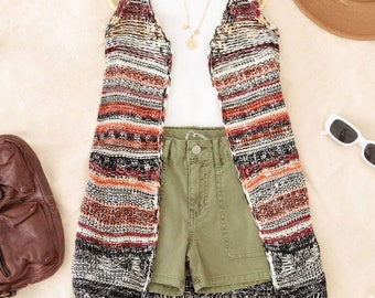 Girls Boho Striped Crochet Fringe Long Sweater Vest