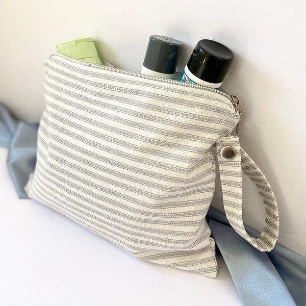 Canvas wet bag, nautical swimsuit bag, blue stripe waterproof bag, PUL lining